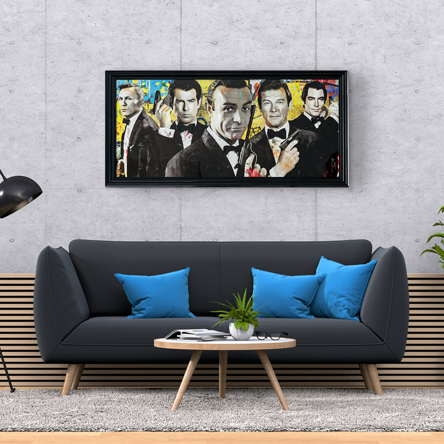 Tableau décoratif en pvc acteurs de James Bond 007 : Sean Connery, Daniel Craig, Roger Moore, Pierce Brosnan et Timothy Dalton design