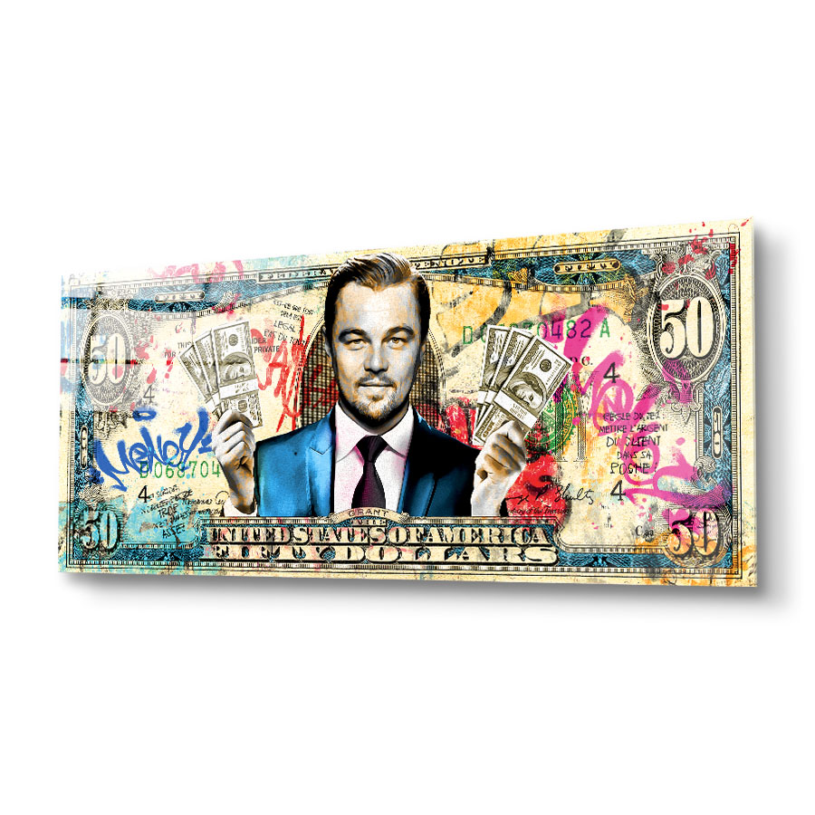 Tableau décoratif en verre Leonardo DiCaprio Billet dollars pop-art