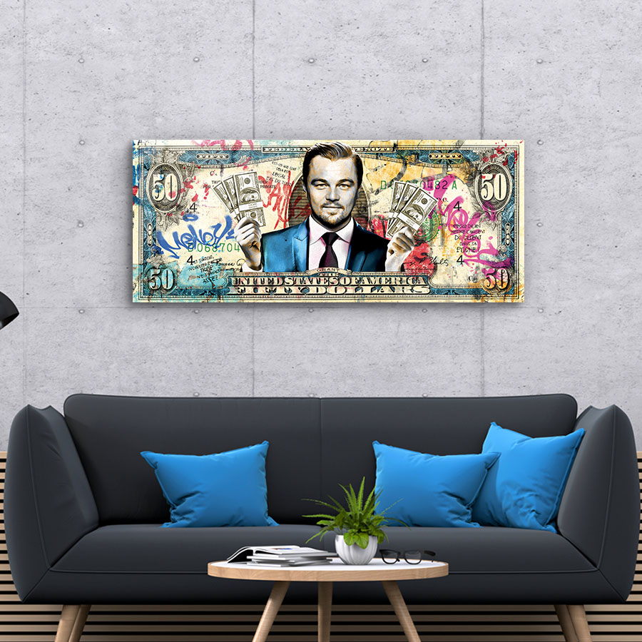 Tableau décoratif en verre Leonardo DiCaprio Billet dollars pop-art