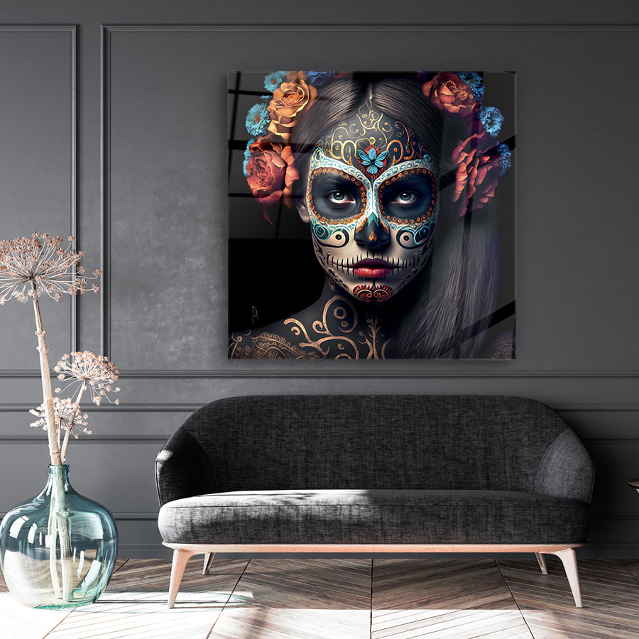 Tableau décoratif en verre portrait de femme tête de mort mexicaine design