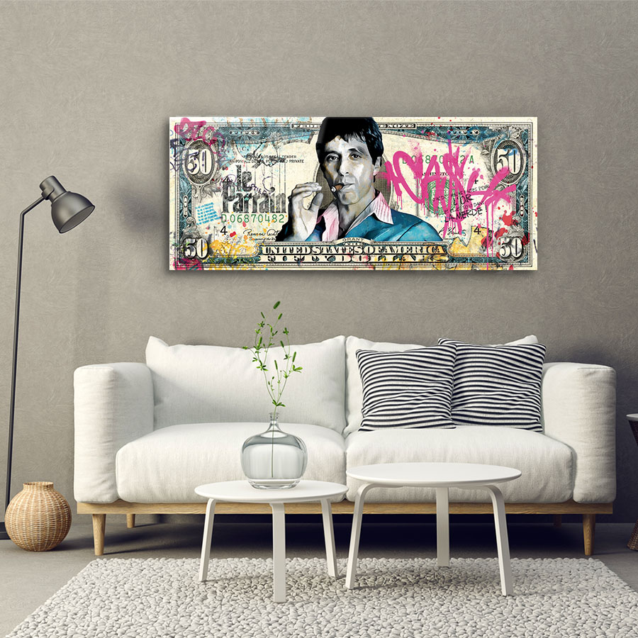 Tableau décoratif en verre Al Pacino Scarface billet Dollar pop-art