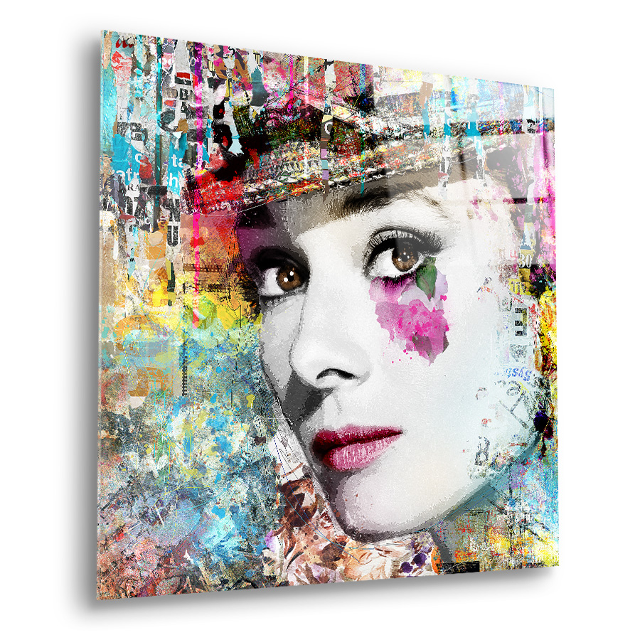 Tableau déco en verre plexiglas Audrey Hepburn papiers déchirés Pop art