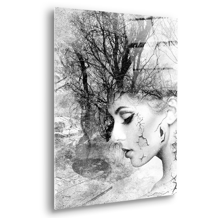 Tableau déco en verre plexiglas Femme branche noir et blanc