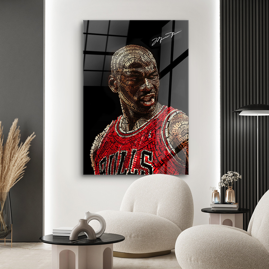 Tableau déco en verre plexiglas Michael Jordan Chicago Bulls lettrage.