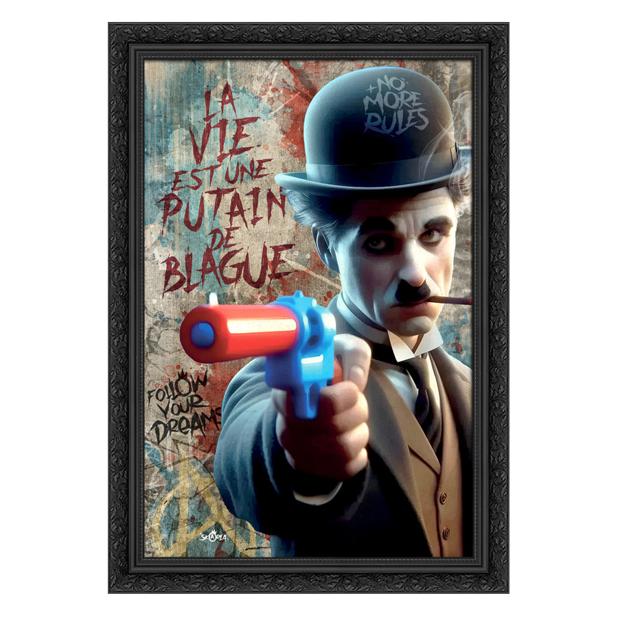 Tableau décoratif en pvc Charlie Chaplin Gun - design - pop art - street-art